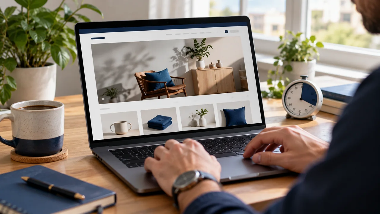 Pessoa avaliando um site em um notebook com uma mesa de trabalho iluminada naturalmente