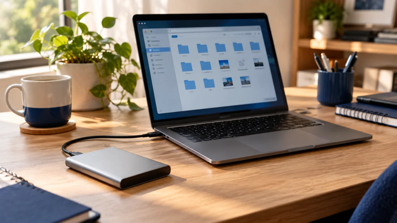 SSD externo conectado a um notebook em uma mesa preparada para guardar cópias de segurança
