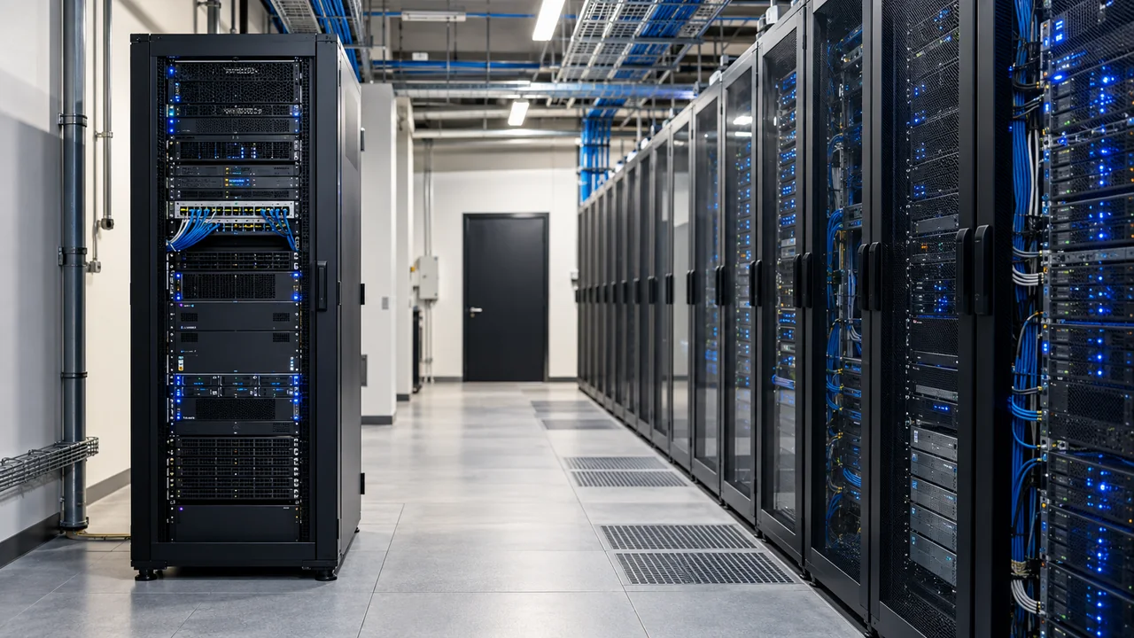 Corredor de datacenter com racks de servidores e equipamentos de diferentes capacidades