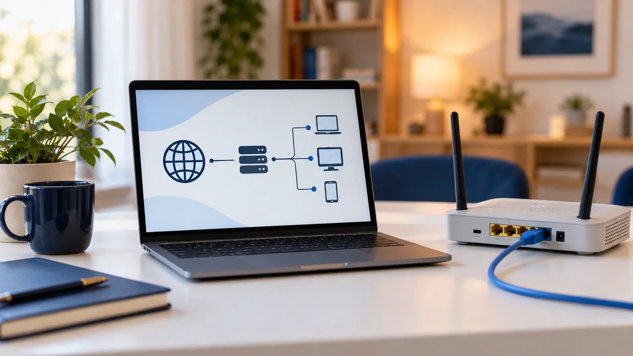 Notebook com diagrama de rede, roteador e cabo de internet sobre uma mesa