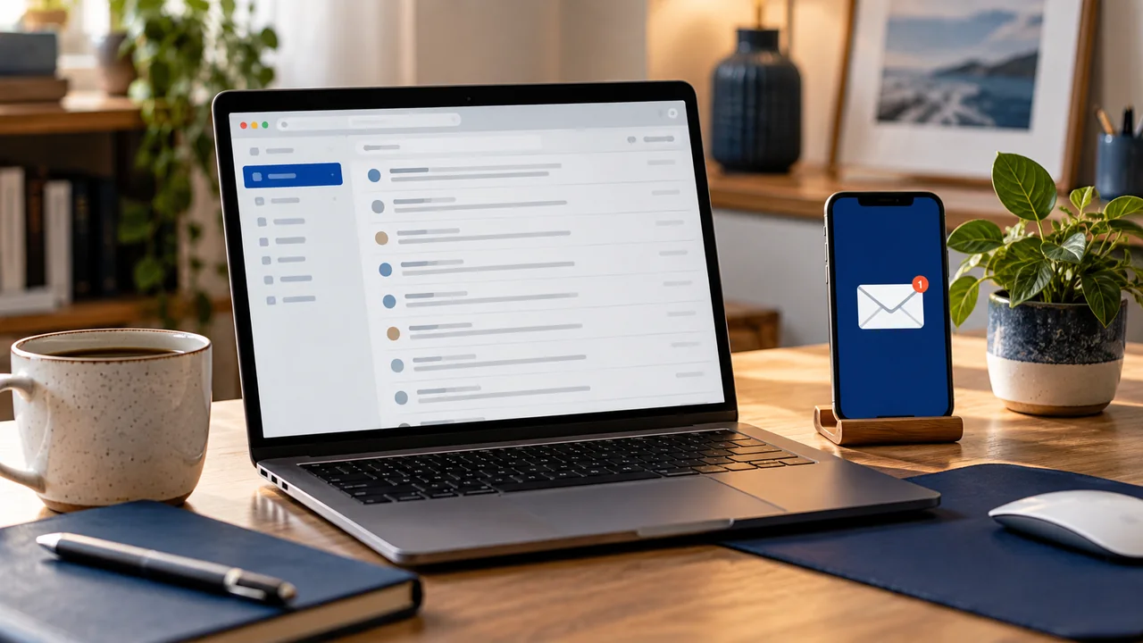 Notebook com caixa de entrada de e-mail e celular em uma mesa de escritório