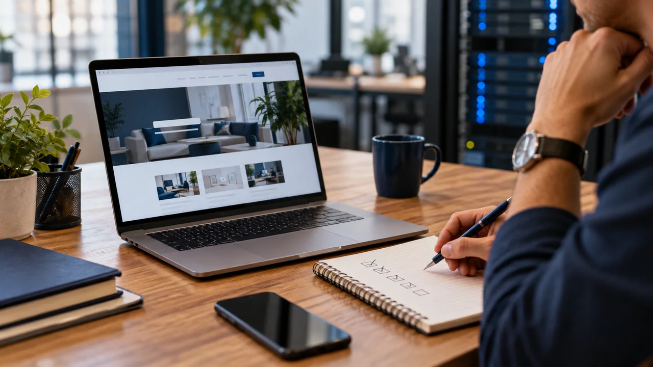 Notebook com um site empresarial, caderno de planejamento e equipamentos de hospedagem ao fundo