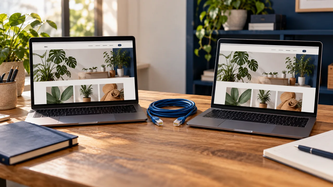 Dois notebooks com o mesmo site em um ambiente de trabalho preparado para uma migração