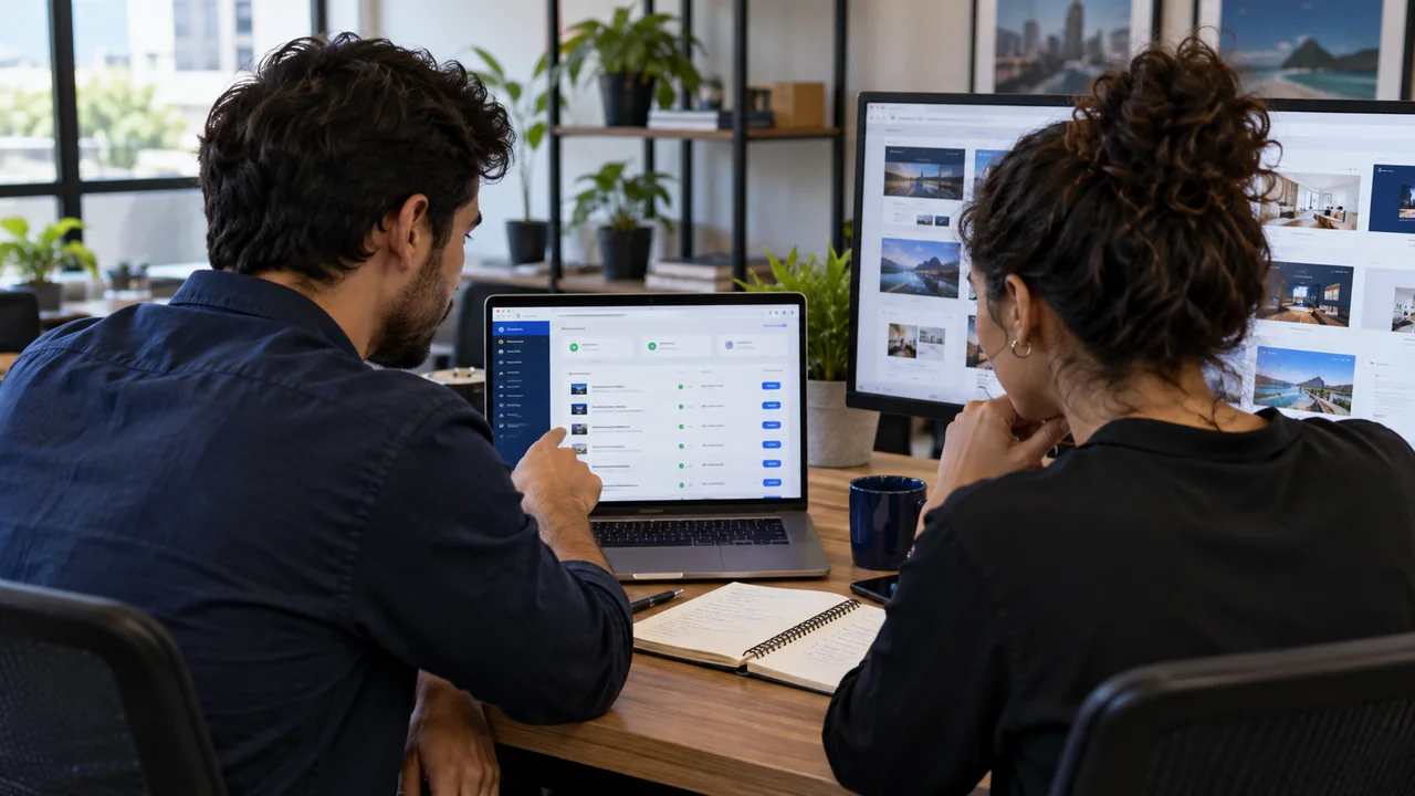 Duas pessoas de uma agência digital conversando sobre contas de hospedagem em um notebook