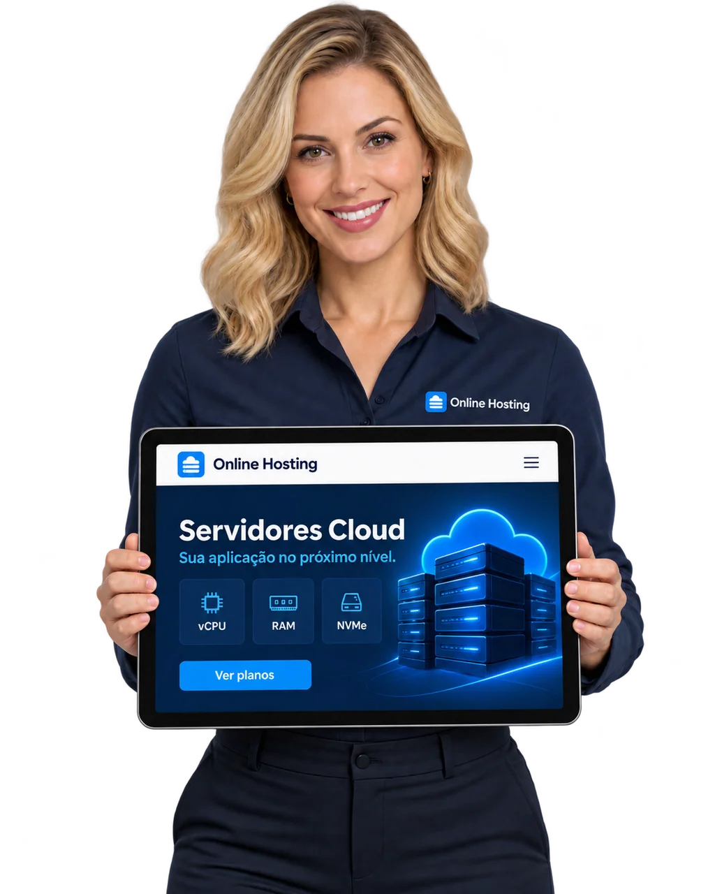Imagem ilustrativa de uma profissional loira apresentando um tablet com a página de Servidores Cloud da Online Hosting