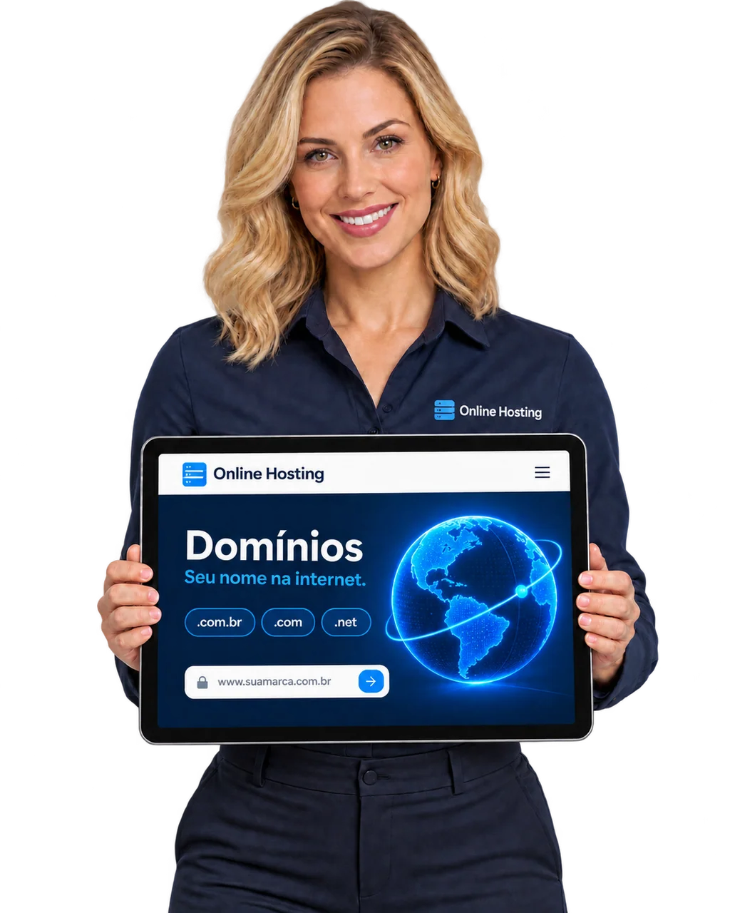 Imagem ilustrativa de uma profissional da Online Hosting apresentando no tablet uma página sobre domínios, com um globo e extensões de endereço
