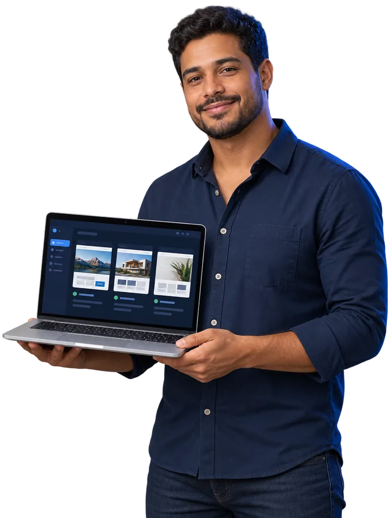Imagem ilustrativa de um profissional apresentando um notebook com prévias de vários sites