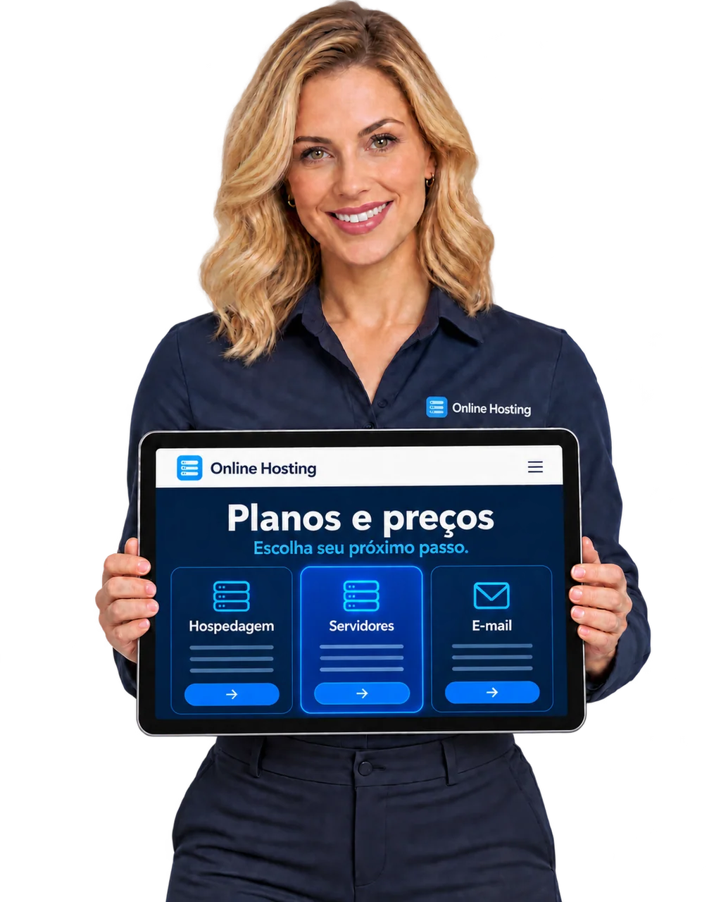 Imagem ilustrativa de uma profissional da Online Hosting apresentando no tablet os planos de hospedagem, servidores e e-mail