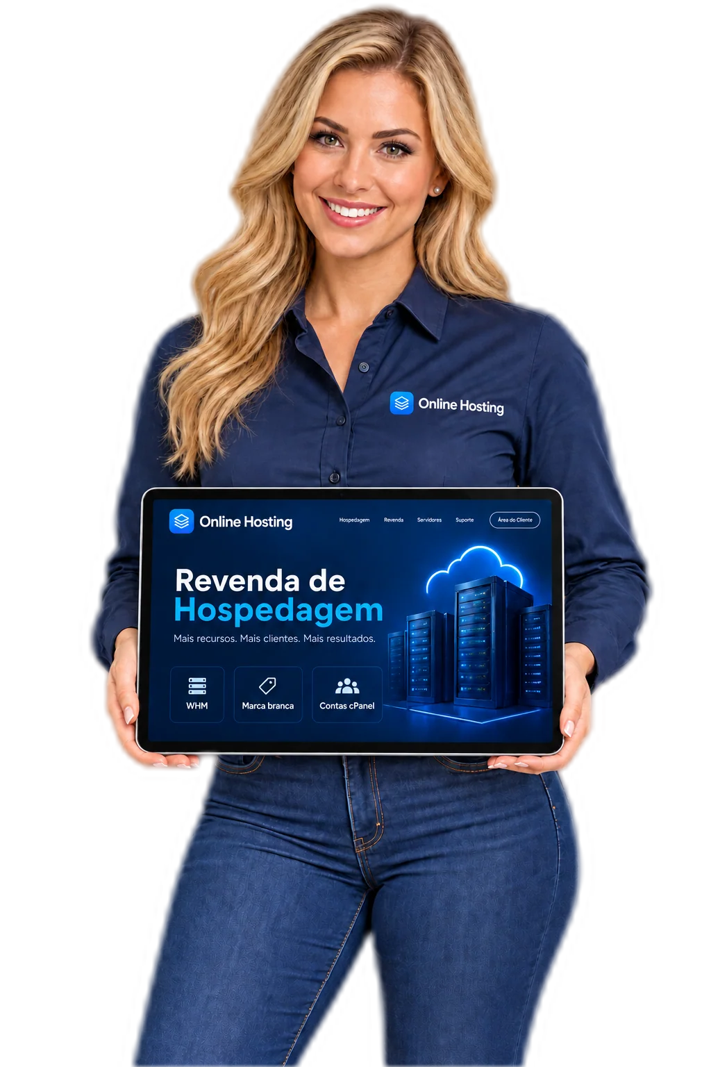 Imagem ilustrativa de uma profissional apresentando Revenda de Hospedagem, WHM, marca branca e contas cPanel no tablet