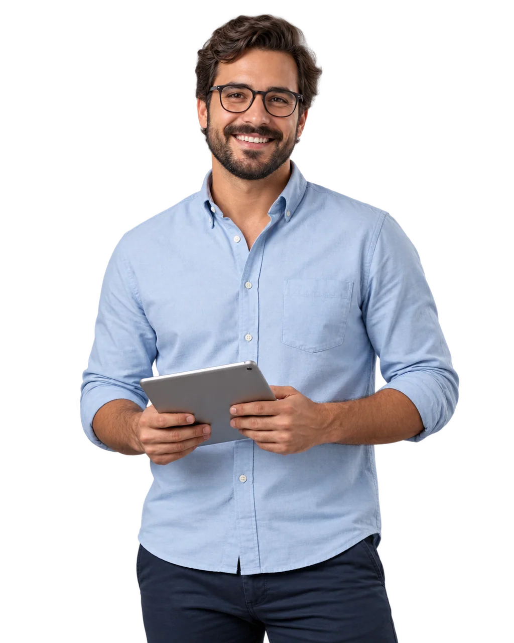 Retrato ilustrativo de um empreendedor sorrindo e segurando um tablet