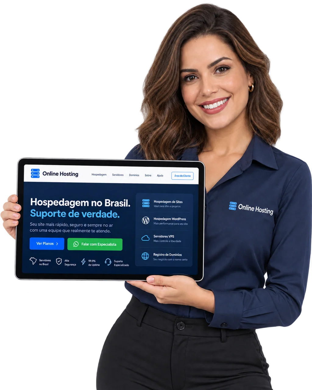 Imagem ilustrativa de uma profissional com camisa Online Hosting apresentando um tablet com o visual do site