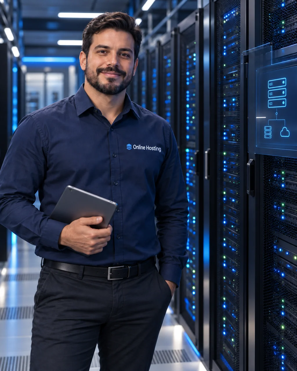 Ilustração de um profissional com camisa Online Hosting e tablet em um datacenter com iluminação azul