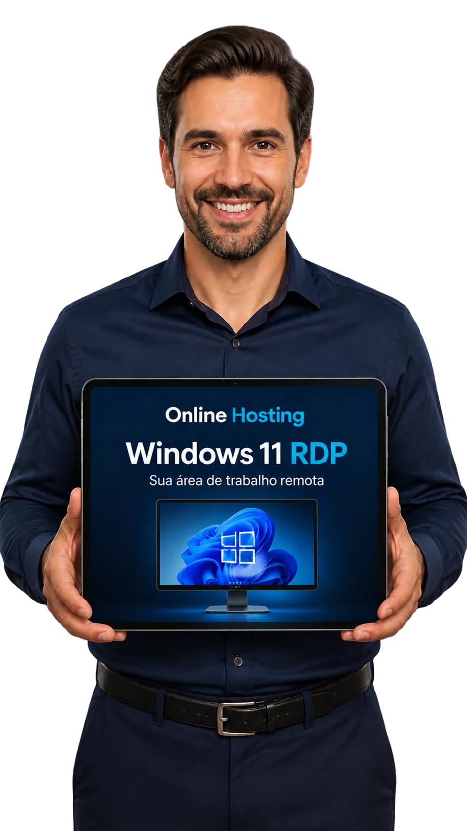 Imagem ilustrativa de um profissional apresentando no tablet a página Windows 11 RDP da Online Hosting