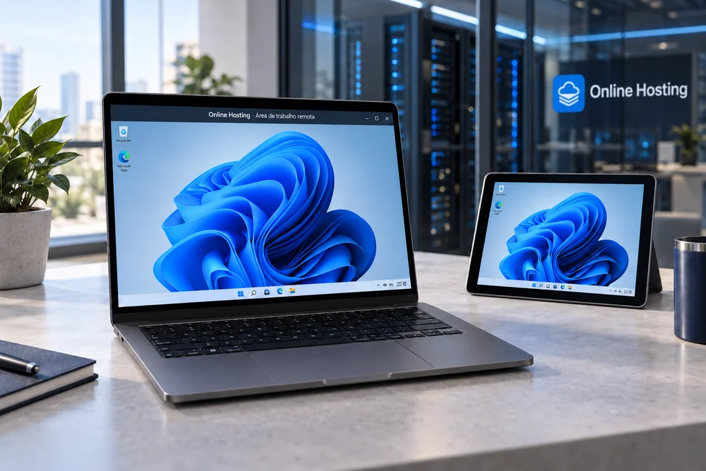 Ilustração de um notebook e um tablet acessando uma área de trabalho Windows em um ambiente de tecnologia